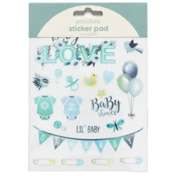 Klistremerkeblokk 16 ark Baby Blue – blått babytema. 2×8 designer