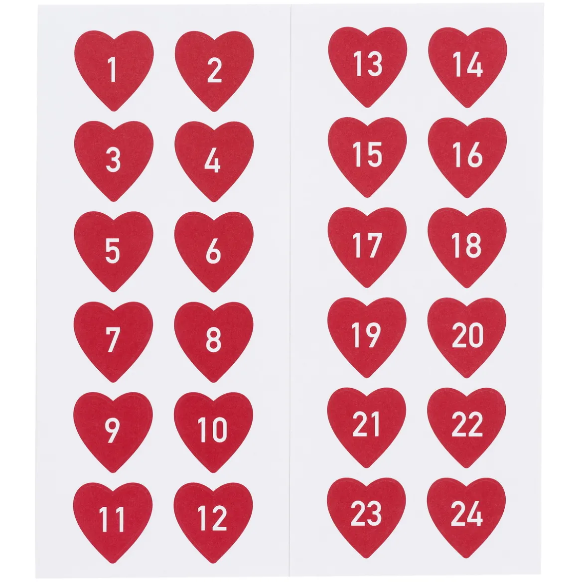 24 klistremerker 1–24 med røde hjerter