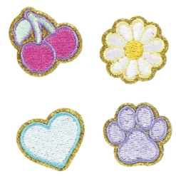 Klistremerker, 4 stk. broderte klistremerker – kirsebær, blomst, hjerte og pote