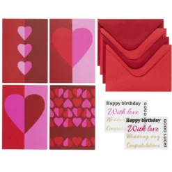 Kortkit Hjerte, alle hjerters dag & Valentine’s – 4 × A5-kort, konvolutter og stickersark