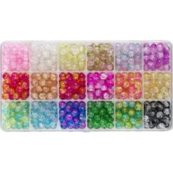 Krakelerte glassperler, crackle beads, ca. 450 stk. i 18 fine farger, Ø8 mm