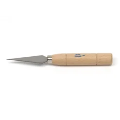 Leireverktøy Lancet, skarp leirekniv (skalpell) av metall med trehåndtak. Lengde 16 cm.