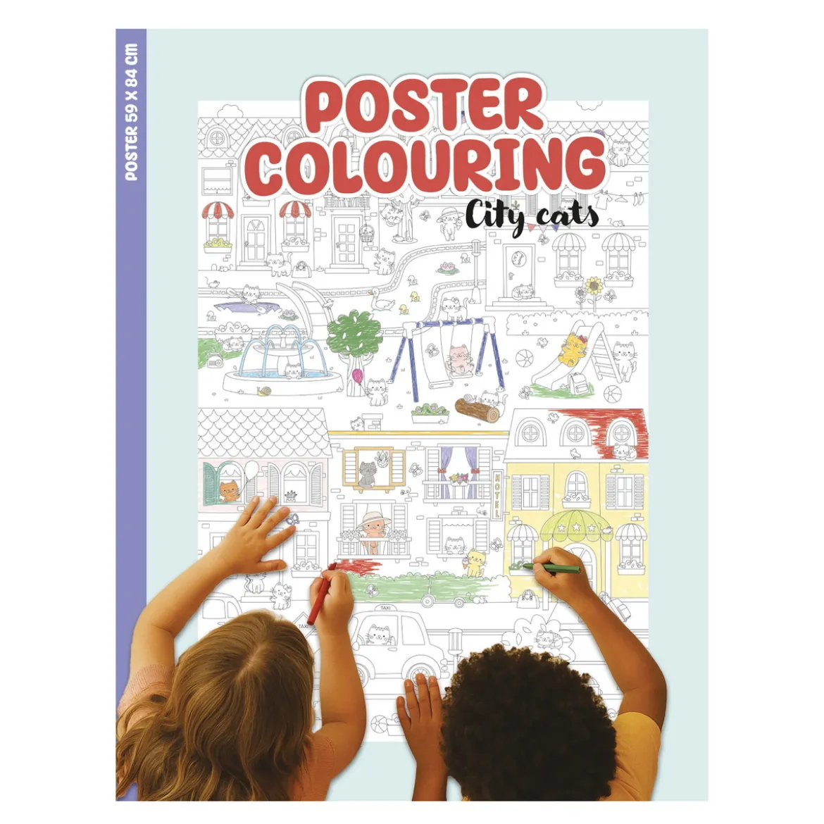 Malebok Mega-poster Kattene i byen! A4-bok som blir en 59×84 cm stor plakat