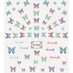 Negleklistremerker pastellfargede sommerfugler og «butterfly». 1 ark på 8,5×10 cm
