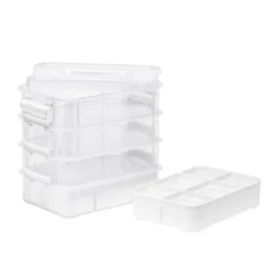 Oppbevaringsbokser, 4 stk. påbyggingsbare. 27×17,5×24 cm, 2 med innerrom, 1 med lokk