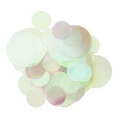 Paljetter, iriserende og transparente, diameter 2,5 og 4 cm. 160 stk.