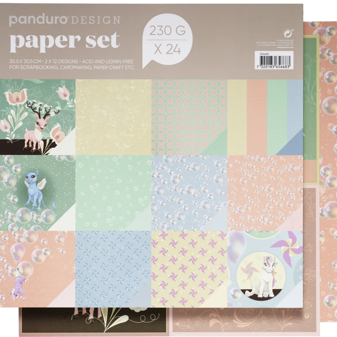 Papirsett med festlige farger og fabeldyr – 305×305 mm, 24 ark, 230 g/m²
