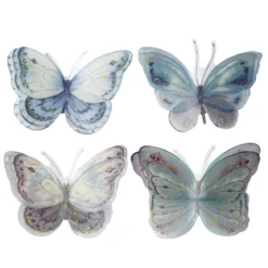 4 pastellfargede dekorasjonssommerfugler med gullglitter 12,5×9 cm