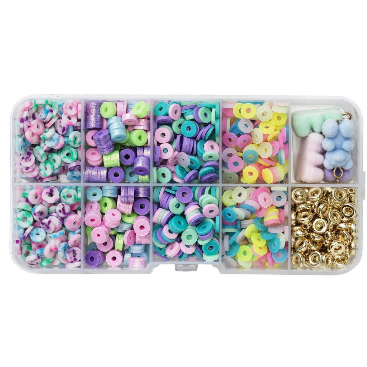 Perlemiks med pastellfargede heishi-perler, 4 bamsecharms + mellomledd