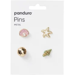 Pins, badges, 4 gullfargede og rosa små minibrosjer med havpreg