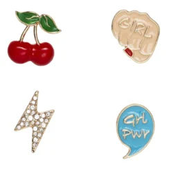 Pins, badges, 4 stk. gylne og fargerike minibrosjer med Girlpower!