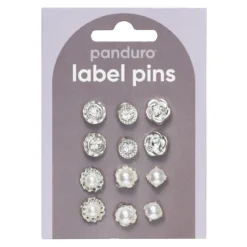Pins, badges, 12 stk. herlig sølvfargede og gnistrende små minibrosjer med diameter 10–12 mm