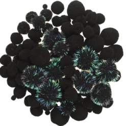 Pom Pom mix svarte og svarte med glitter! Ø8–30 mm, 150 stk.