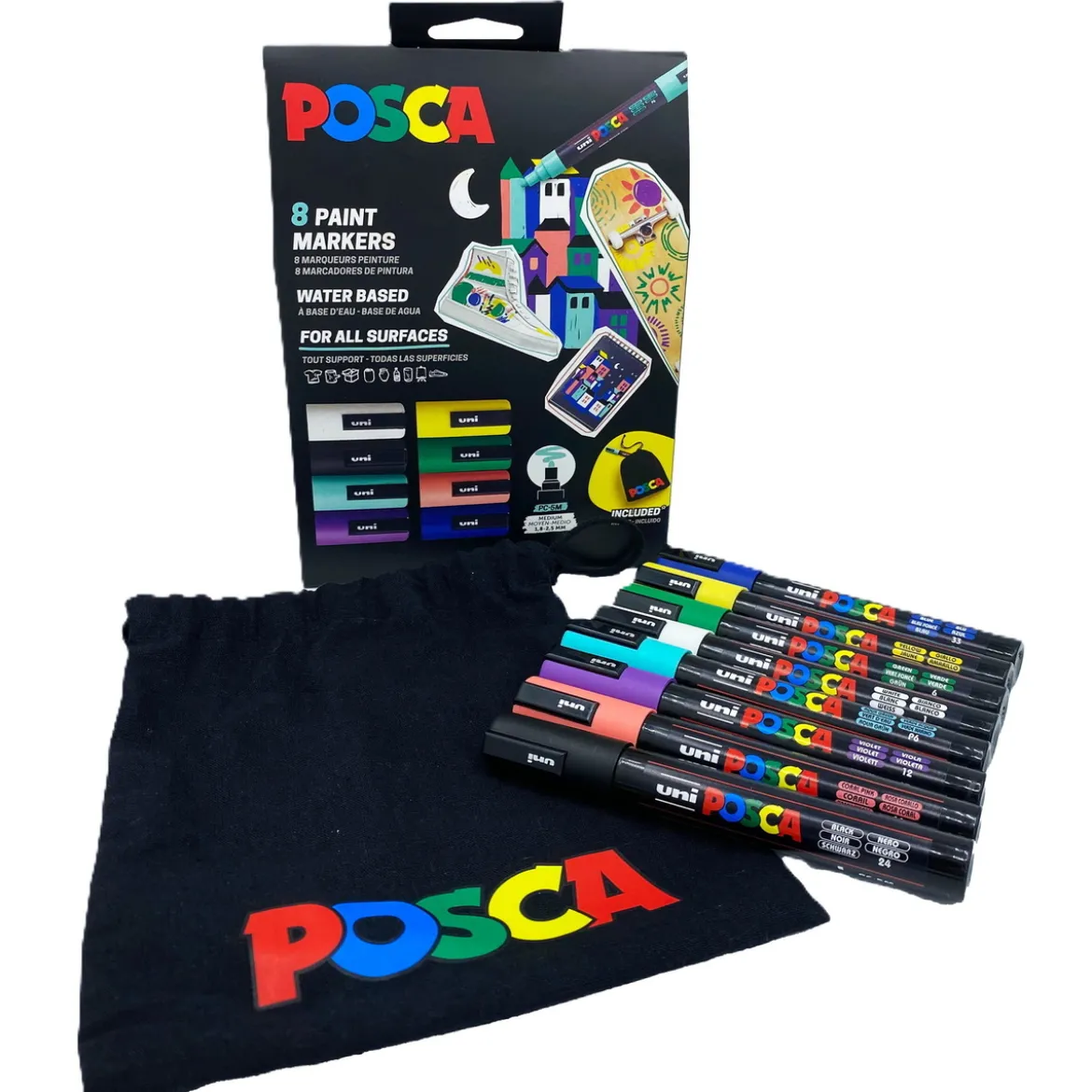 Posca Bag Kit PC-5M, 8 penner + svart tøypose til oppbevaring