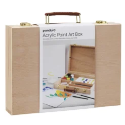 Praktisk kunstnerboks med 9×18 ml akrylmaling, pensler, lerreter og tilbehør