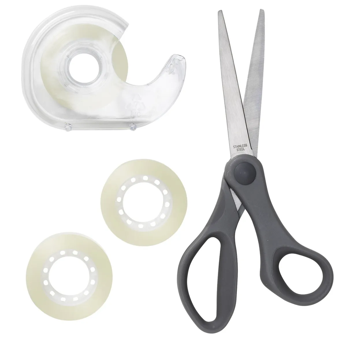 Saks, tapeholder og tape, perfekt sett til hobbyprosjekter og hjemmekontoret