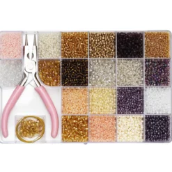 Seed bead kit – med en mengde glinsende rocaillesperler, smykketilbehør, tråd og en rundtang