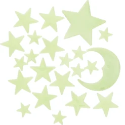 Selvlysende klistremerker, glow in the dark måne og stjerner, 24 stk. Ø2,6–7,7 cm