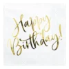 Servietter, 20-pakning med tekst i gull metallic: Happy Birthday – 16,5×16,5 cm