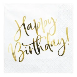 Servietter, 20-pakning med tekst i gull metallic: Happy Birthday – 16,5×16,5 cm