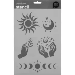 Sjablong A4, stensil med sol, måne og spirituelle motiver