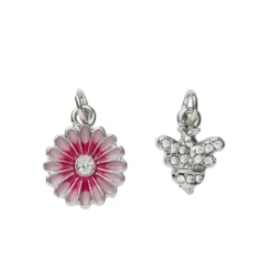 2 sølvfargede anheng / charms blomst rosa blader og strass Ø13 mm, bie med strass 11×8 mm
