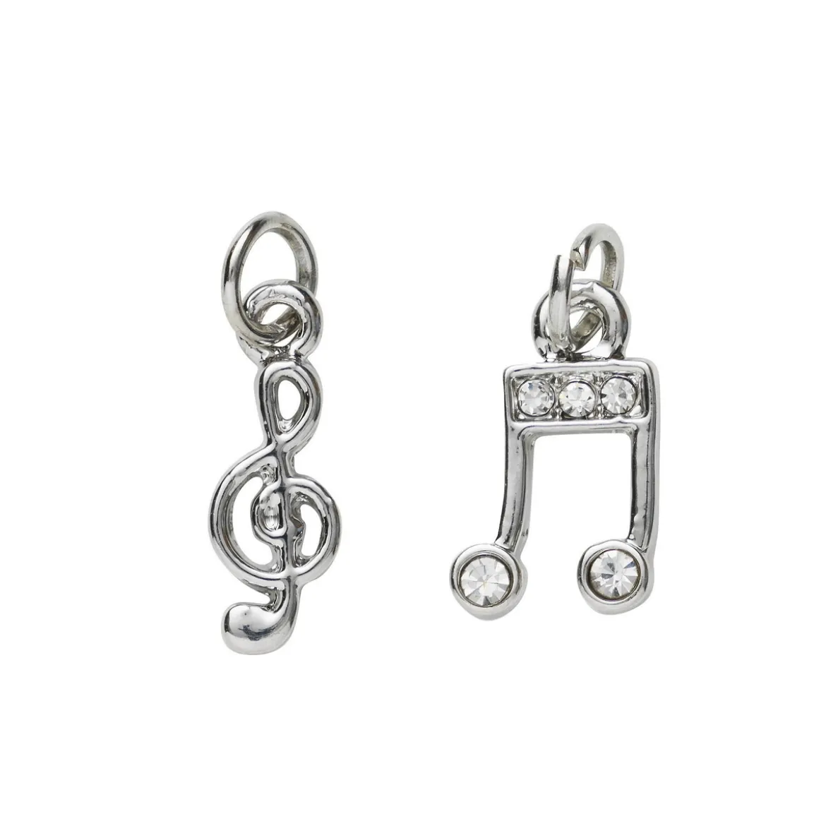 2 sølvfargede anheng / charms G-nøkkel 5×15 mm, note med strass 7,4×14 mm