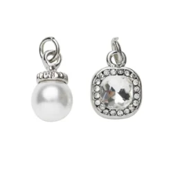2 sølvfargede anheng / charms strasstein 8×8 mm, perle Ø8 mm L 12 mm