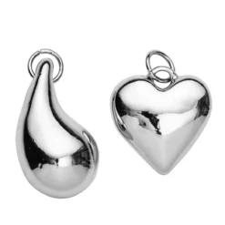 2 sølvfargede og chunky anheng/charms, massivt metall – hjerte Ø22 mm, dråpe lengde 30 mm