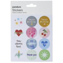 Stickers, hilsener, takk og gratulasjoner, 3 ark med til sammen 36 klistremerker