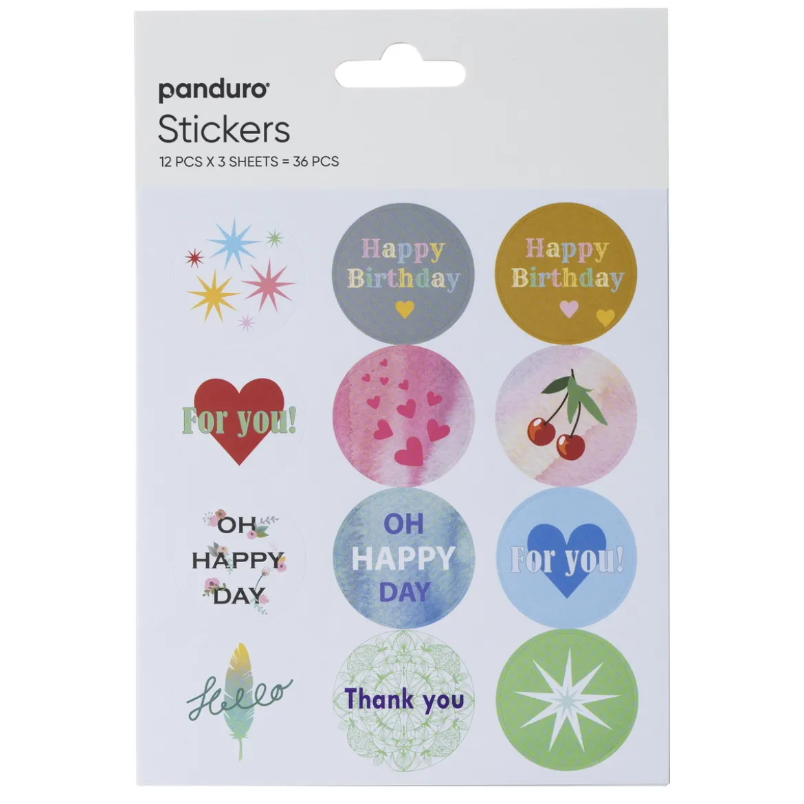 Stickers, hilsener, takk og gratulasjoner, 3 ark med til sammen 36 klistremerker