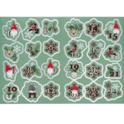Stickers Jul, 24 klistremerker med nisser og julestemning, tallene 1–24. 2 stk. 15×21 cm ark