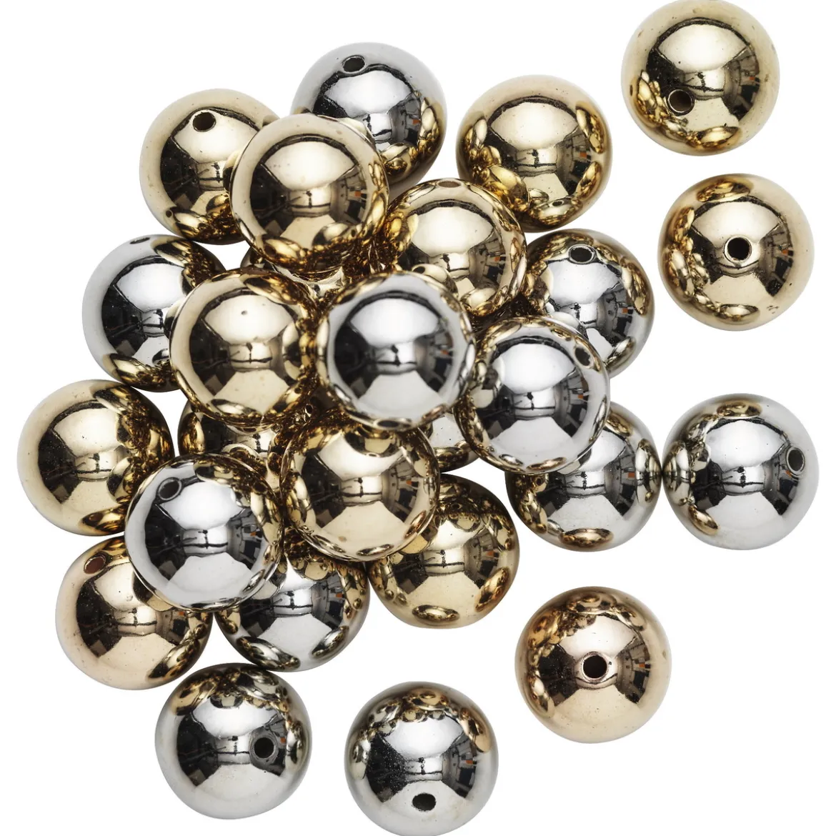 Store perler i skinnende gull- og sølvmetallic, 30 stk. Ø20 mm