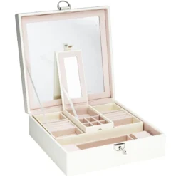 Stort, kremfarget smykkeskrin med speil og mange rom / skuffer – 25×25×9 cm