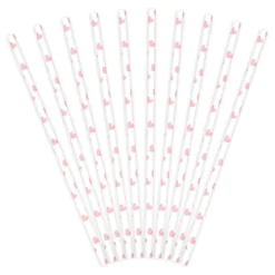 Sugerør av papir 10-pakning, hvite med rosa hjerter. Lengde 19,5 cm