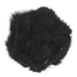 Svarte lodne fjær fra kalkun, lengde 5–10 cm, ca. 70 stykker