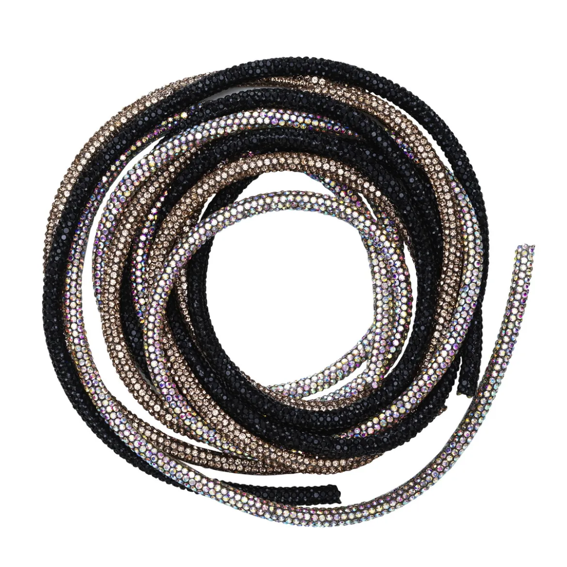 Tykk, glinsende nylonrem fylt med strass – gull, sølv, svart. 3×120 cm Ø5 mm
