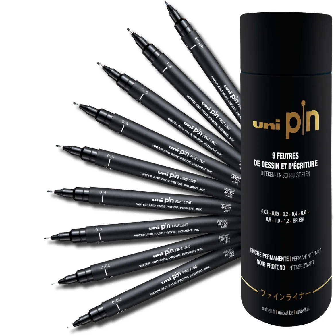 Uni Pin Fineliners, sett i rør med 9 fineliners - 0,05 til 1,2 mm + brushpen