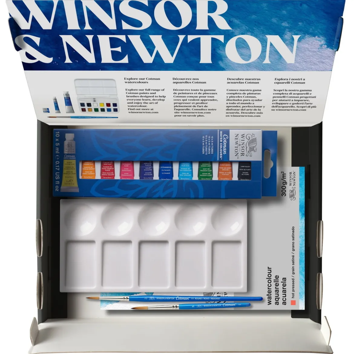 Winsor & Newton Cotman Watercolour 10×5 ml maling, pensler, palett og akvarellblokk